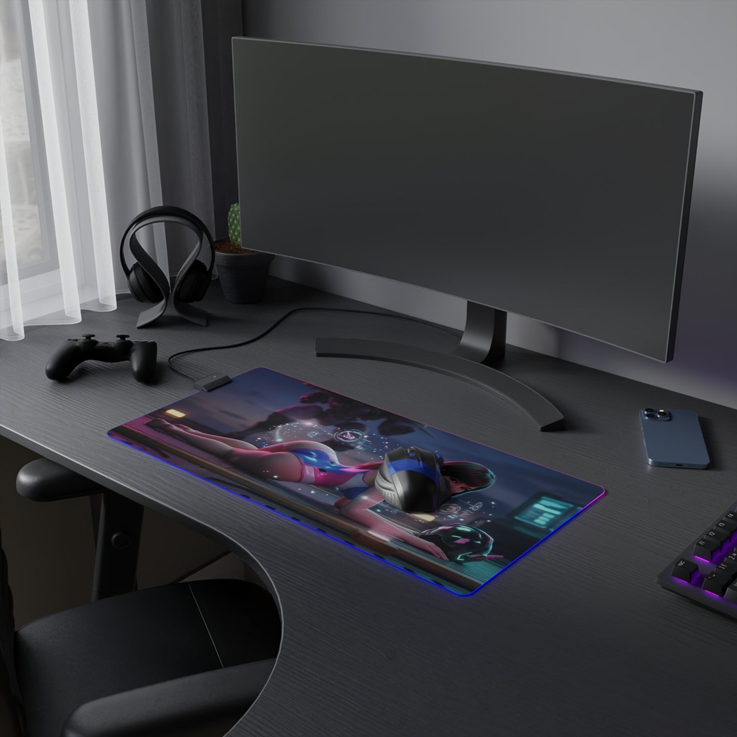 Overwatch Mouse Pad, D.Va LED RGB Desk Mat, Gift for Gamer, Anime Gaming Decor — large RGB desk mat with D.Va art on modern gaming setup