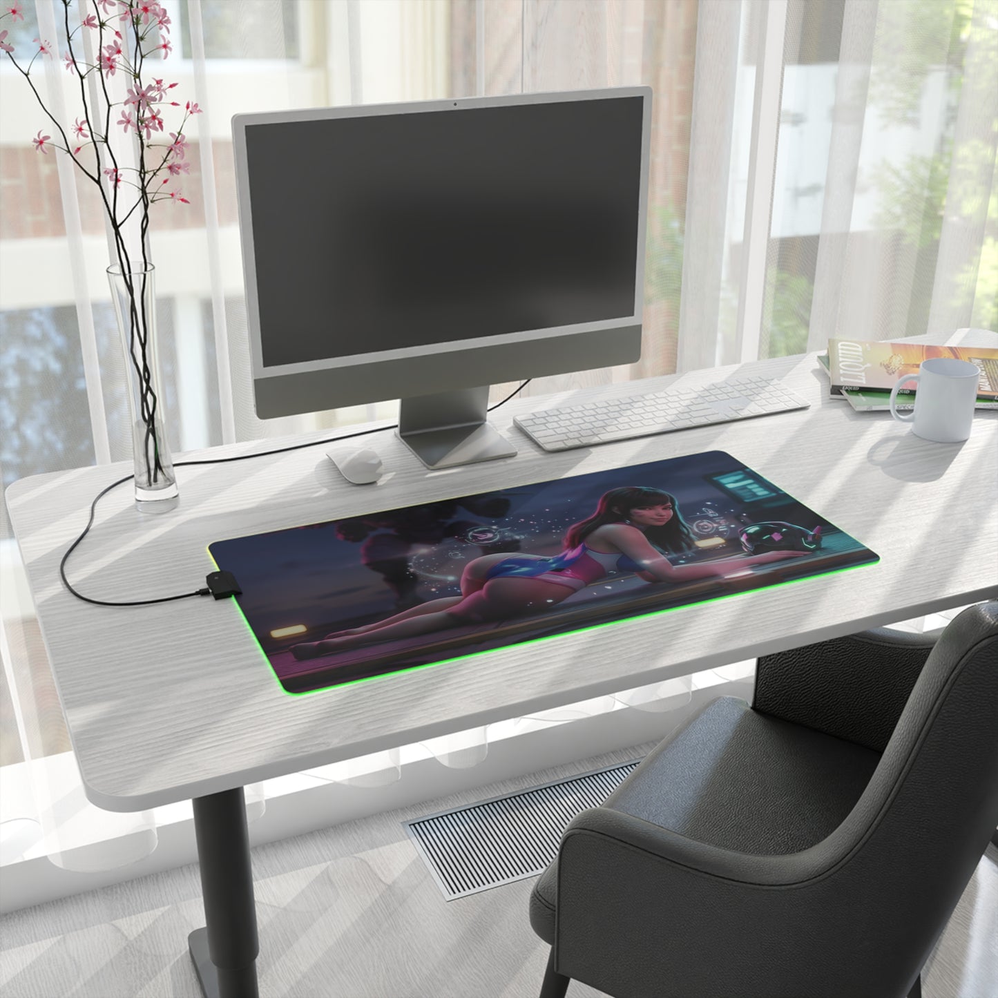 Overwatch Mouse Pad, D.Va LED RGB Desk Mat, Gift for Gamer, Anime Gaming Decor - large RGB desk mat with D.Va artwork on modern white gaming desk