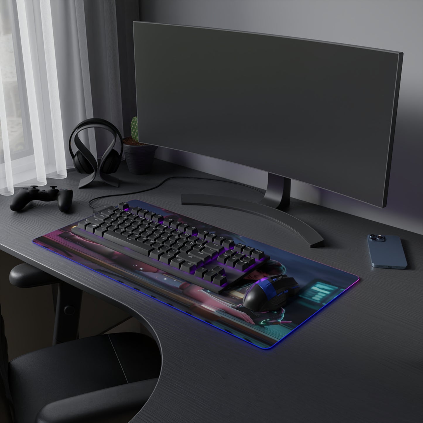 Overwatch Mouse Pad, D.Va LED RGB Desk Mat, Gift for Gamer, Anime Gaming Decor - RGB D.Va gaming desk mat with keyboard and mouse on modern setup