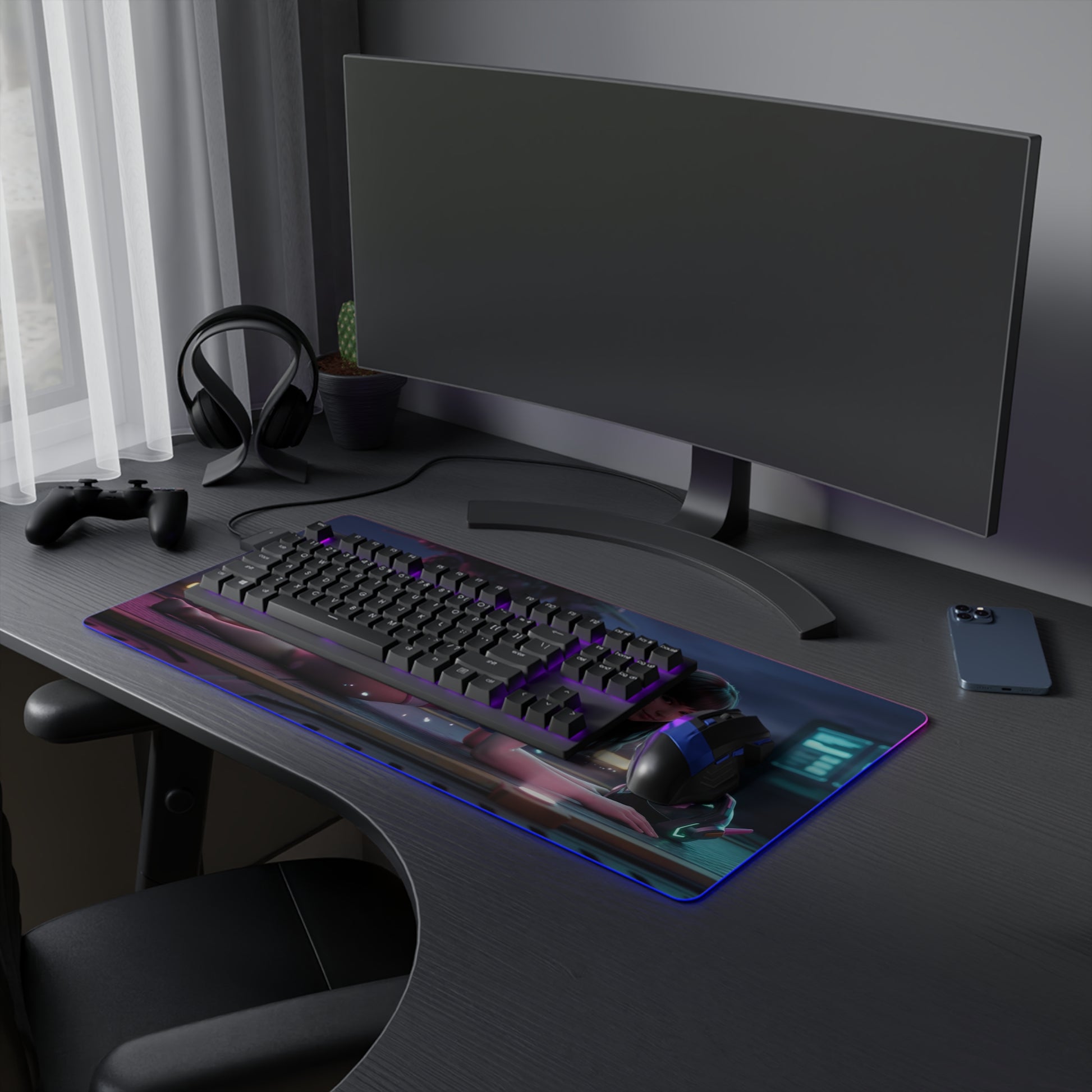 Overwatch Mouse Pad, D.Va LED RGB Desk Mat, Gift for Gamer, Anime Gaming Decor - RGB D.Va gaming desk mat with keyboard and mouse on modern setup
