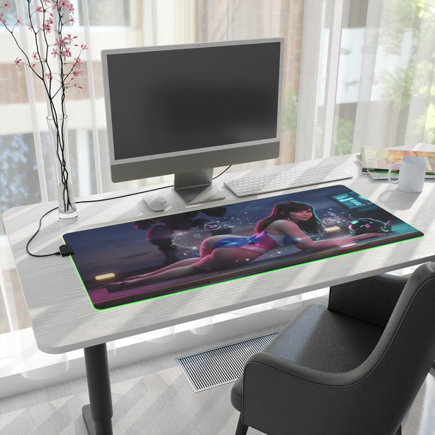 Overwatch Mouse Pad, D.Va LED RGB Desk Mat, Gift for Gamer, Anime Gaming Decor — LED gaming desk mat with D.Va art on modern workstation