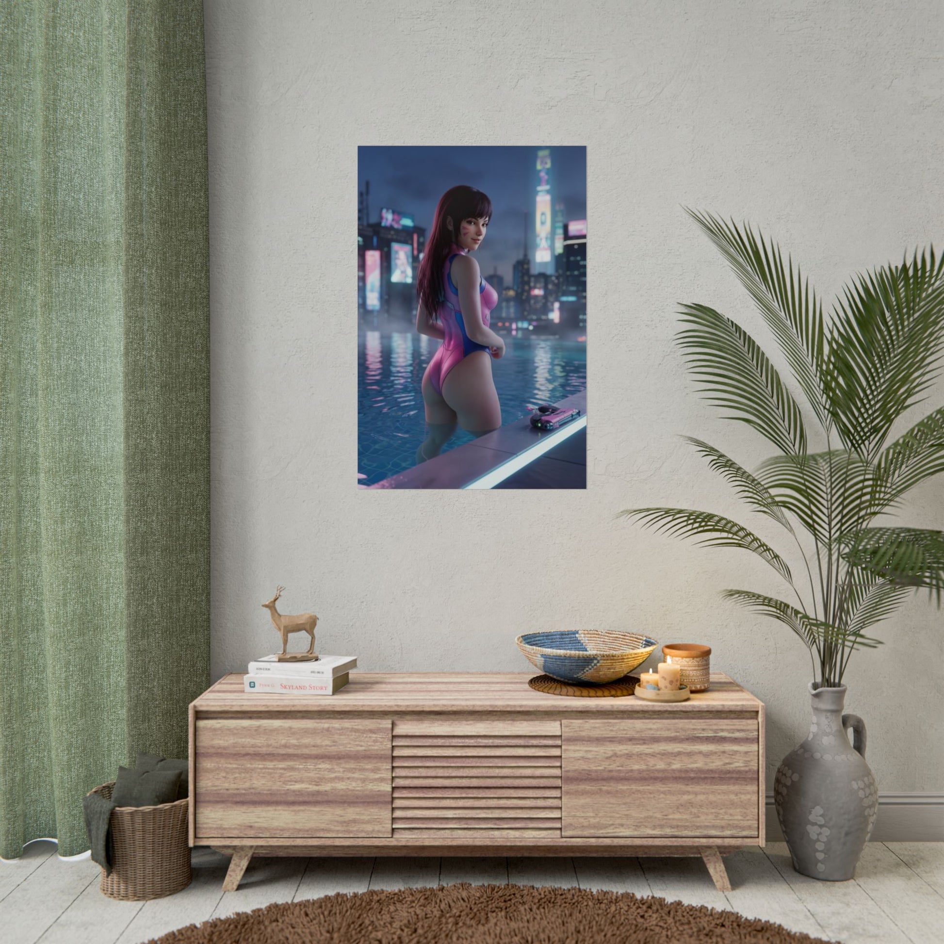 Overwatch Poster – D.Va Art Print, Sci-Fi Game Wall Art featuring D.Va in a neon rooftop pool with cyberpunk cityscape