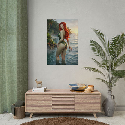 DC Comics Poster – Poison Ivy Art Print, Gotham Character Wall Art showing Poison Ivy waist-deep in tropical water with glowing sunset and lush jungle