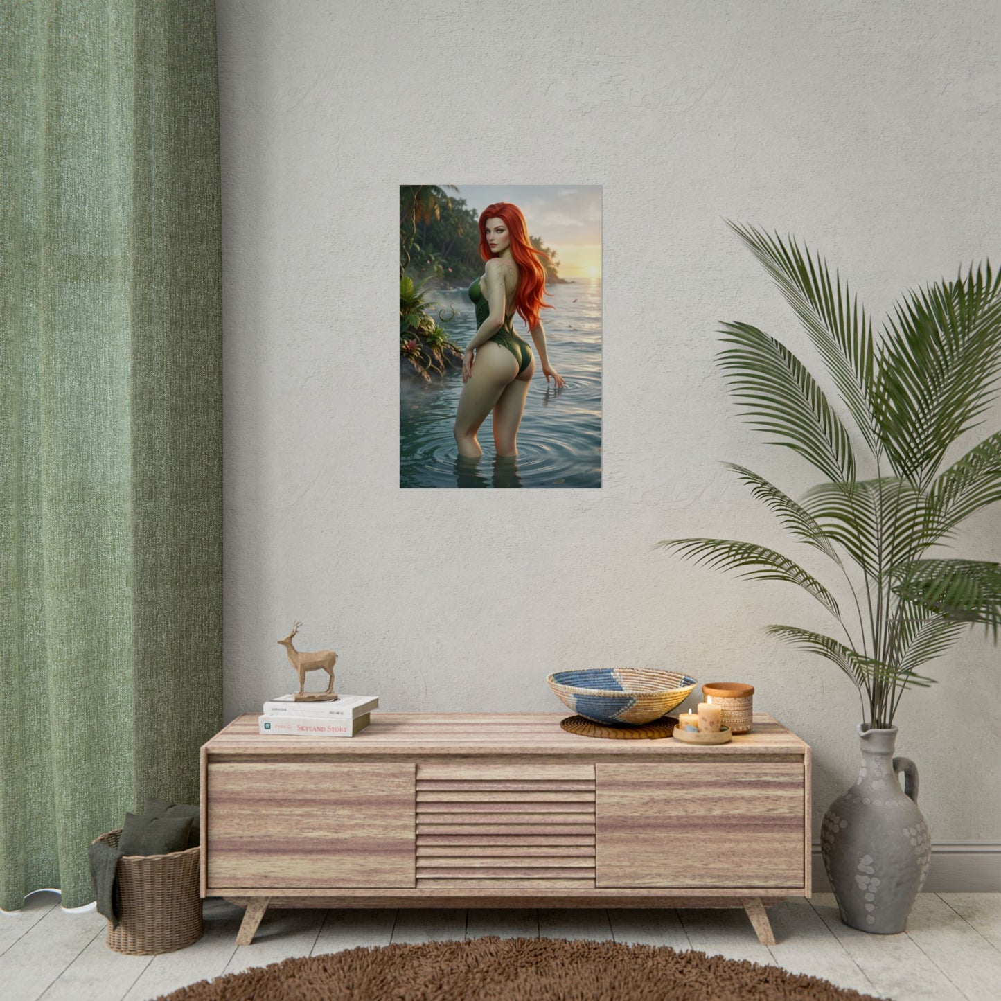 DC Comics Poster – Poison Ivy Art Print, Gotham Character Wall Art showing Poison Ivy in tropical water with glowing sunset and lush jungle backdrop