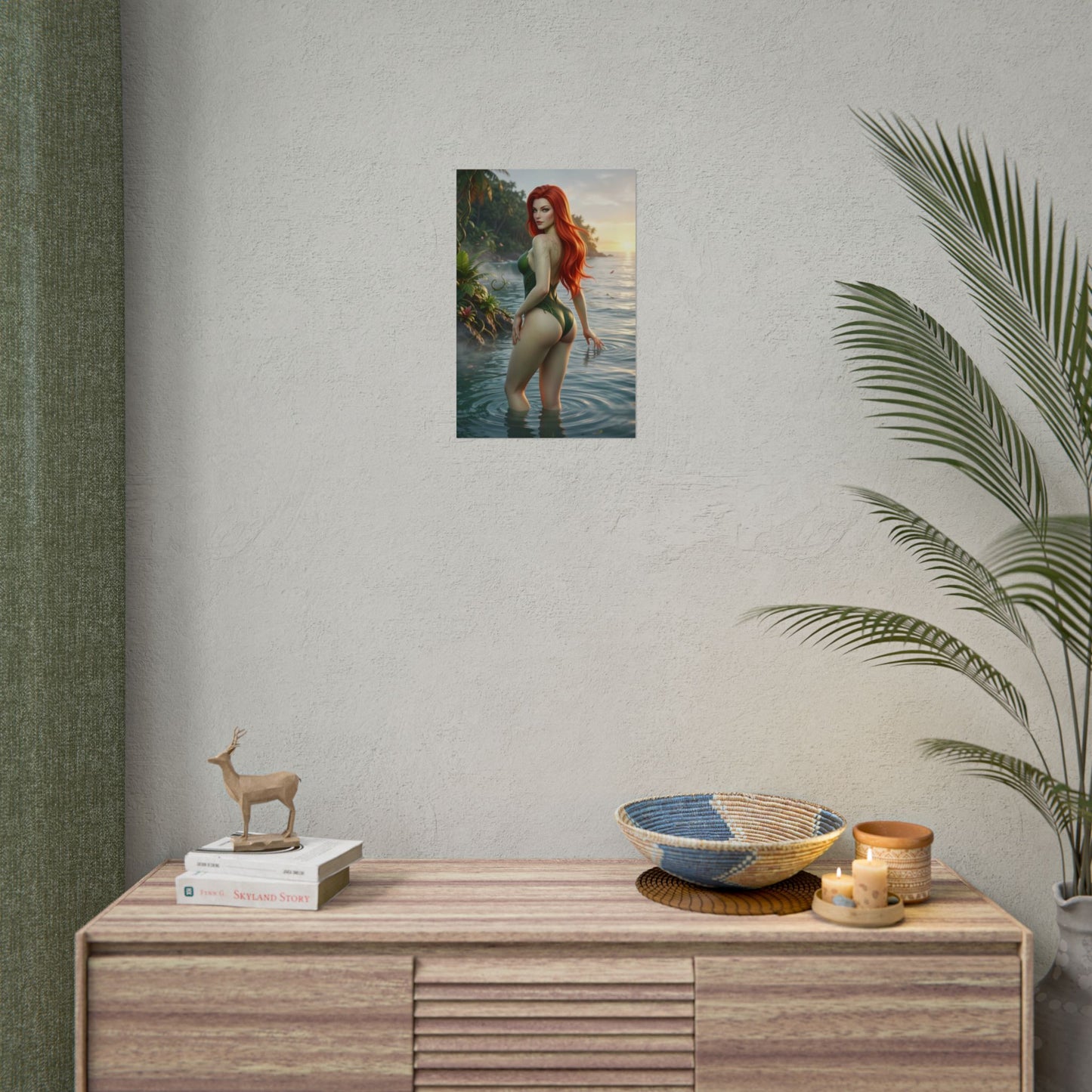 DC Comics Poster – Poison Ivy Art Print, Gotham Character Wall Art of Poison Ivy standing in tropical water at sunset surrounded by lush jungle