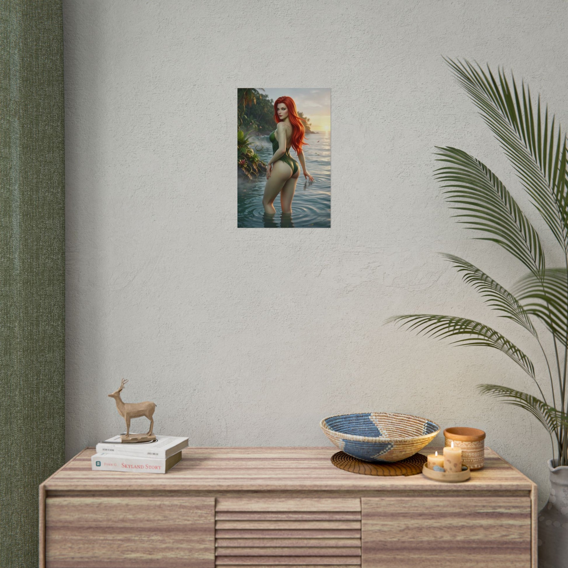 DC Comics Poster – Poison Ivy Art Print, Gotham Character Wall Art of Poison Ivy standing in tropical water at sunset surrounded by lush jungle