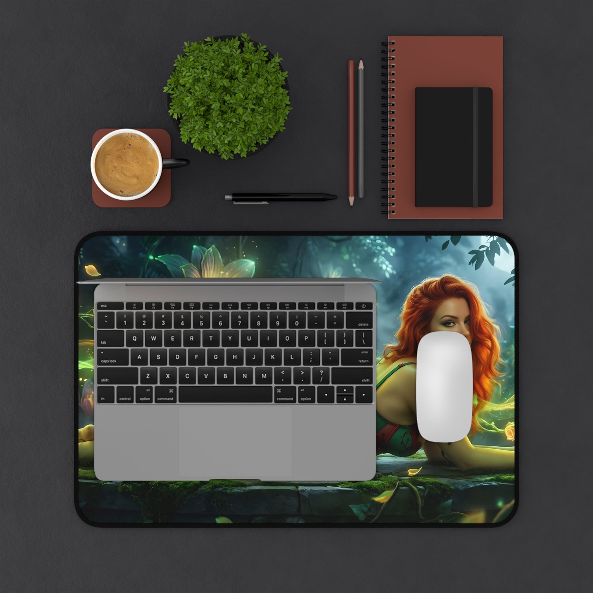 Poison Ivy Mouse Pad – Comic Style Gaming Mouse Pad, Stylish Gamer Desk Decor on a gaming desk with laptop and mouse, comic-style Poison Ivy artwork