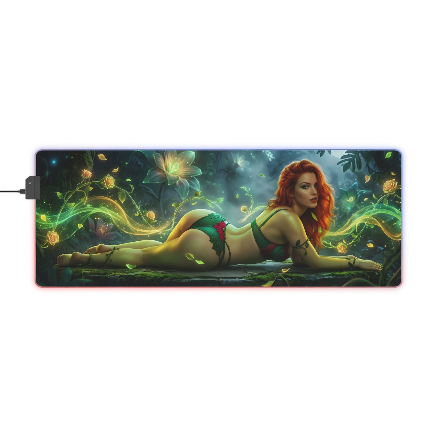 Poison Ivy RGB Mouse Pad – DC Comics LED Desk Mat, Superhero Gamer Decor featuring reclining Poison Ivy artwork with vibrant green RGB edge lighting