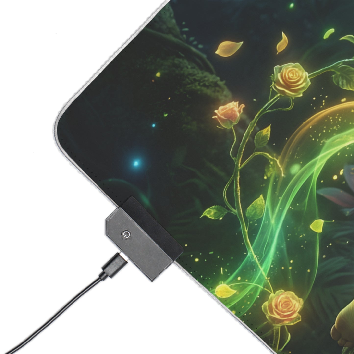 Poison Ivy RGB Mouse Pad – DC Comics LED Desk Mat, Superhero Gamer Decor showing corner with green floral artwork, RGB edge lighting and USB controller