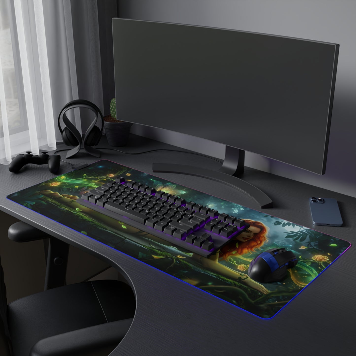 Poison Ivy RGB Mouse Pad – DC Comics LED Desk Mat, Superhero Gamer Decor on a gaming desk with RGB edge lighting and Poison Ivy artwork