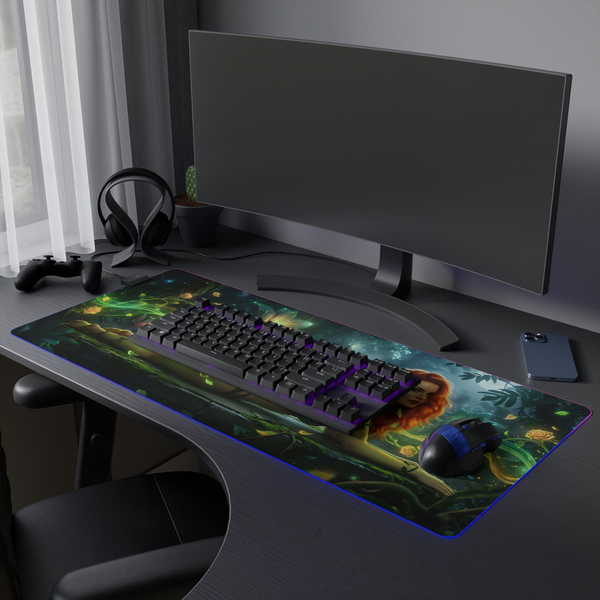 Poison Ivy RGB Mouse Pad – DC Comics LED Desk Mat, Superhero Gamer Decor on a gaming desk with RGB edge lighting and Poison Ivy artwork