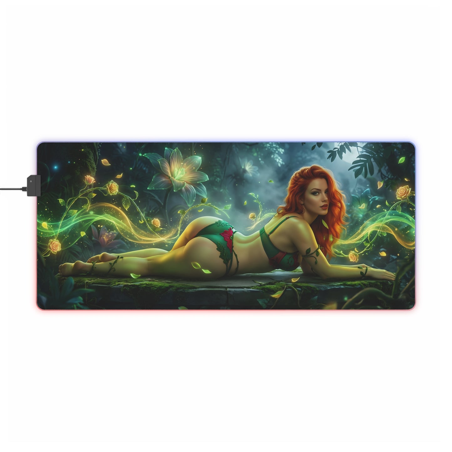 Poison Ivy RGB Mouse Pad – DC Comics LED Desk Mat, Superhero Gamer Decor featuring reclining Poison Ivy artwork with vibrant green RGB edge lighting