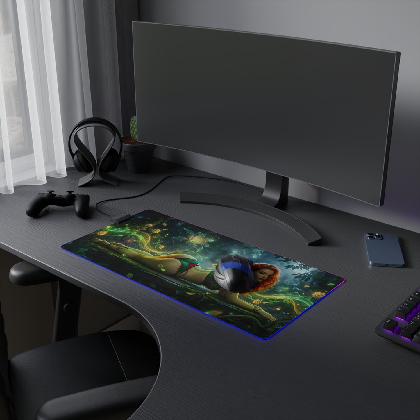 Poison Ivy RGB Mouse Pad – DC Comics LED Desk Mat, Superhero Gamer Decor on dark gaming desk with vibrant green botanical artwork and RGB edge lighting