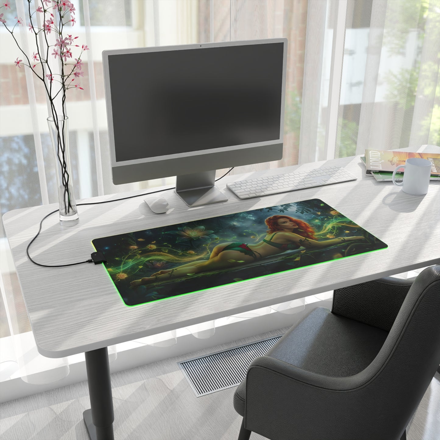 Poison Ivy RGB Mouse Pad – DC Comics LED Desk Mat, Superhero Gamer Decor on a white desk with green edge lighting and Poison Ivy artwork