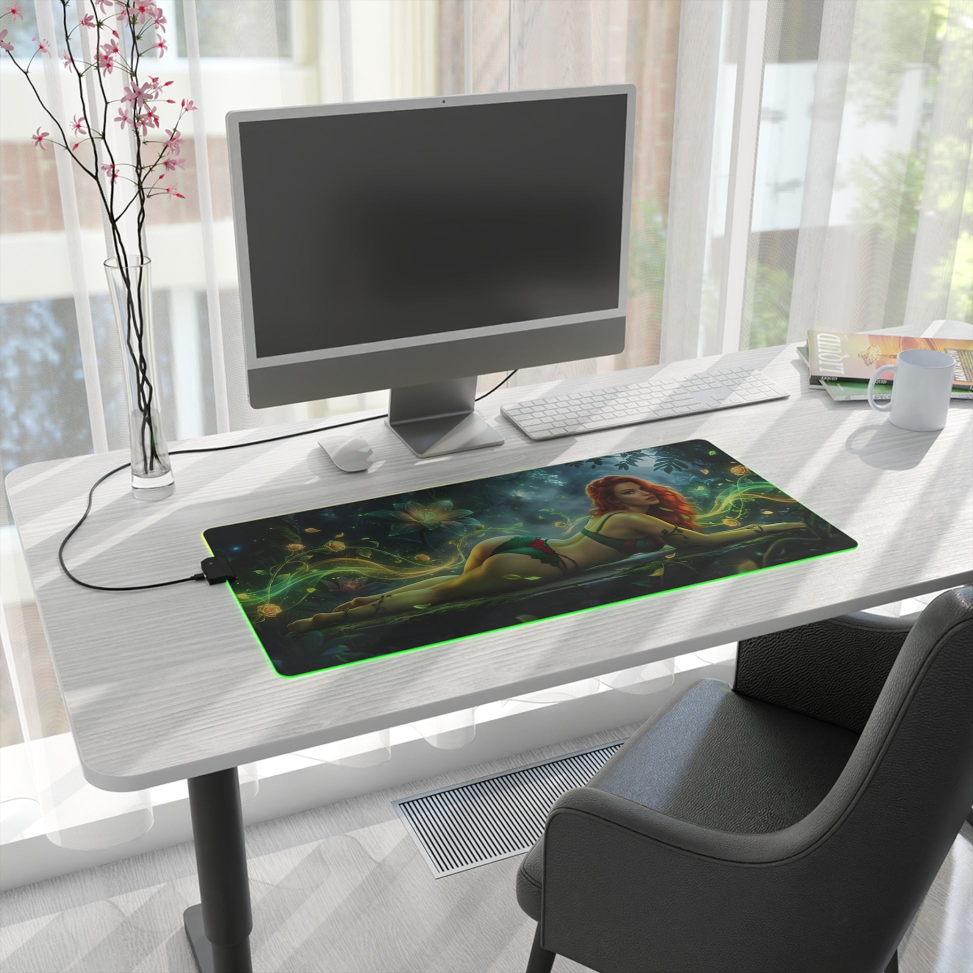 Poison Ivy RGB Mouse Pad – DC Comics LED Desk Mat, Superhero Gamer Decor on a white desk with green edge lighting and Poison Ivy artwork