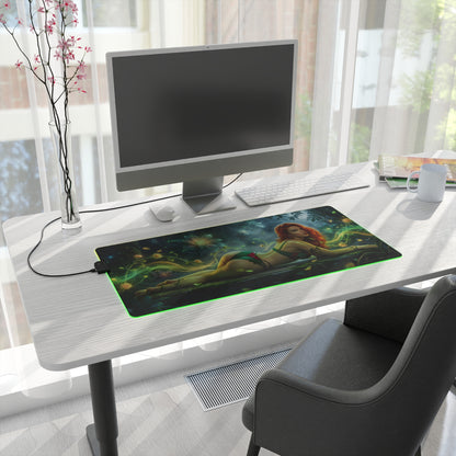 Poison Ivy RGB Mouse Pad – DC Comics LED Desk Mat, Superhero Gamer Decor on a white desk with green edge lighting and Poison Ivy artwork