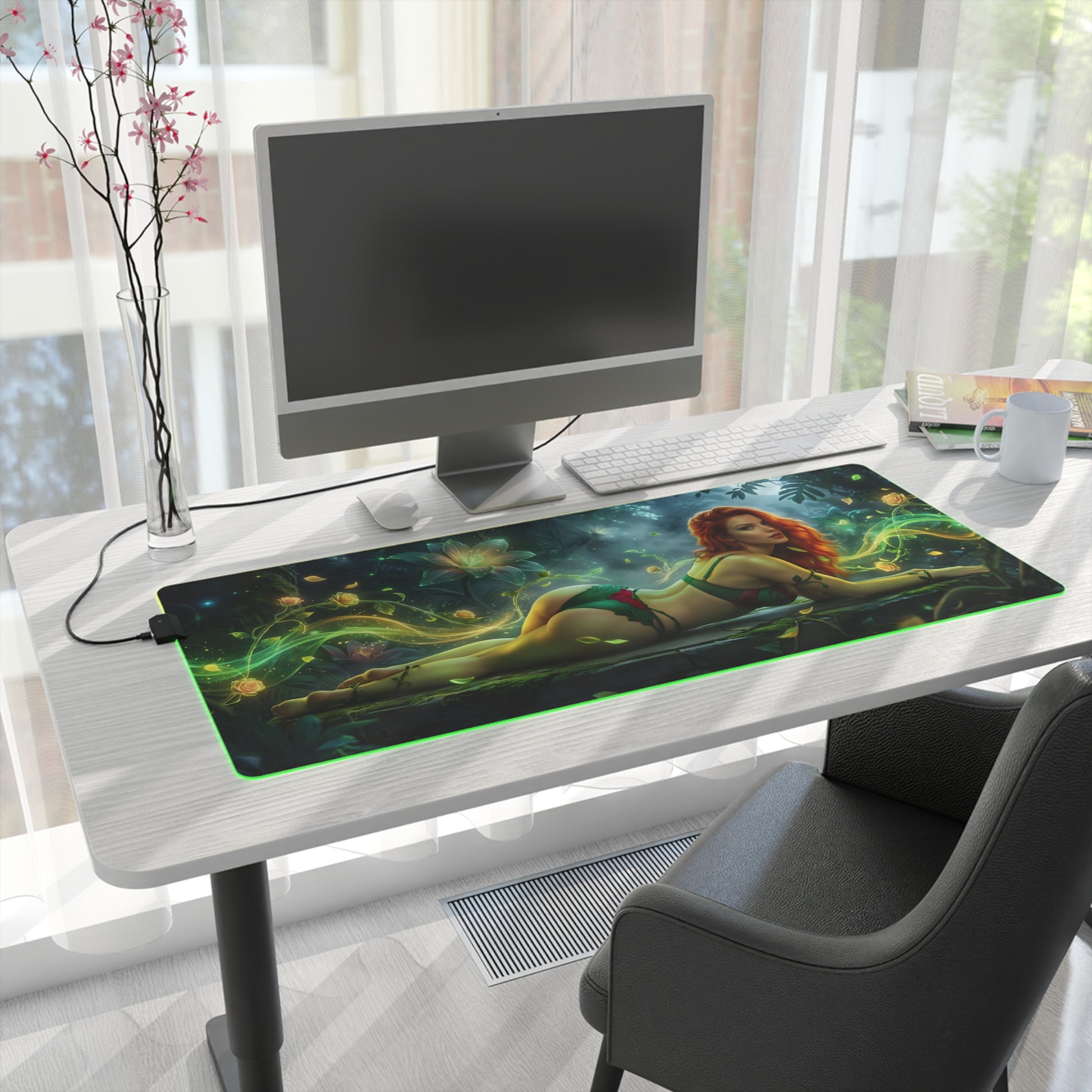 Poison Ivy RGB Mouse Pad – DC Comics LED Desk Mat, Superhero Gamer Decor on modern white desk with RGB green edge lighting and Poison Ivy artwork