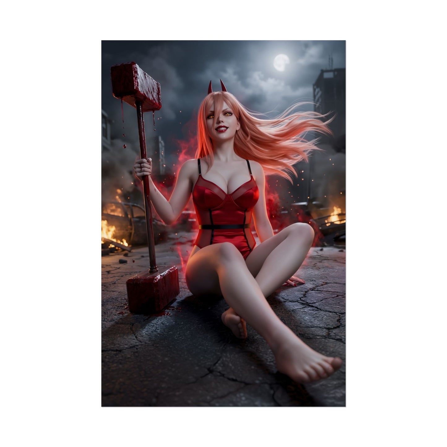 Power Poster / Power Wall Art / Power Art Print / Chainsaw Man Poster of Blood Devil in fiery urban battlefield wielding giant hammer
