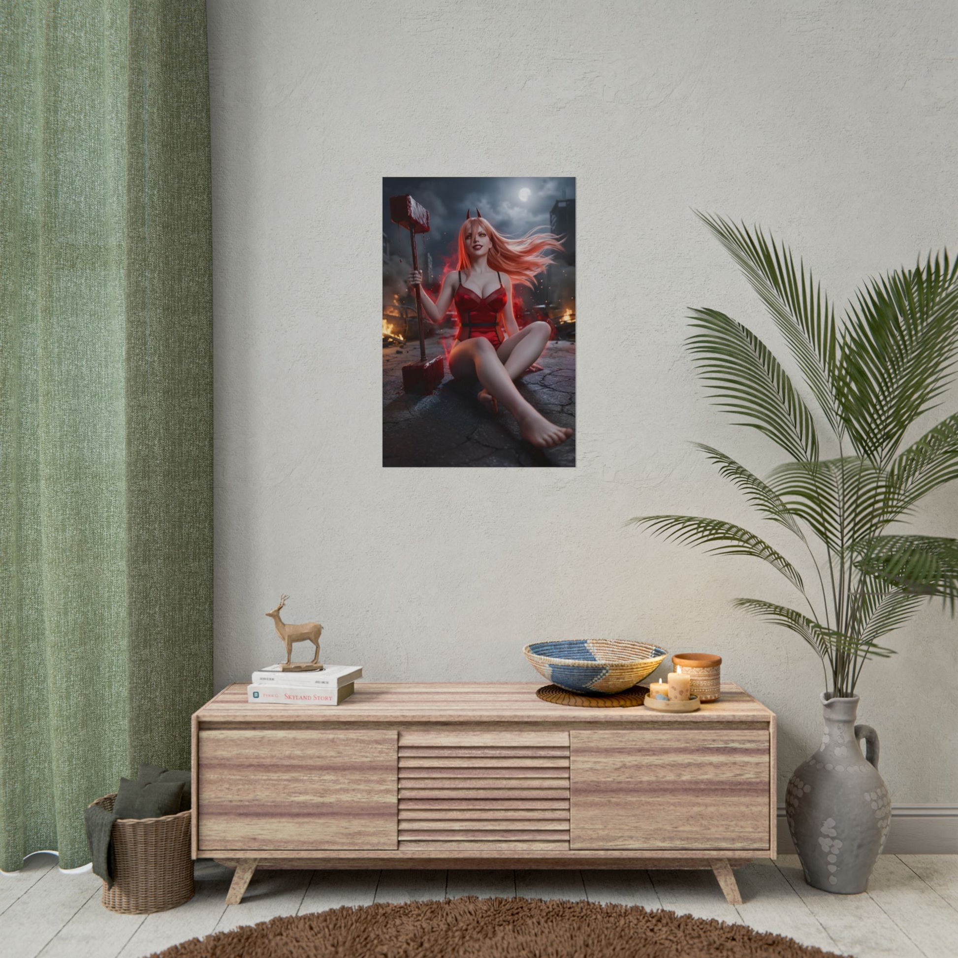 Power Poster / Power Wall Art / Power Art Print / Chainsaw Man Poster - fierce Blood Devil in fiery urban battlefield wielding chainsaw weapon