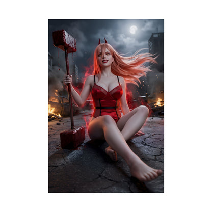 Power Poster / Power Wall Art / Power Art Print / Chainsaw Man Poster of Blood Devil in fiery urban battlefield, chainsaw hammer, fierce anime action