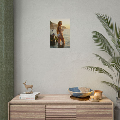 Princess Poster – Fantasy Princess Art Print, Adventure Game Wall Art featuring a princess in shallow ocean at glowing sunset with sword nearby