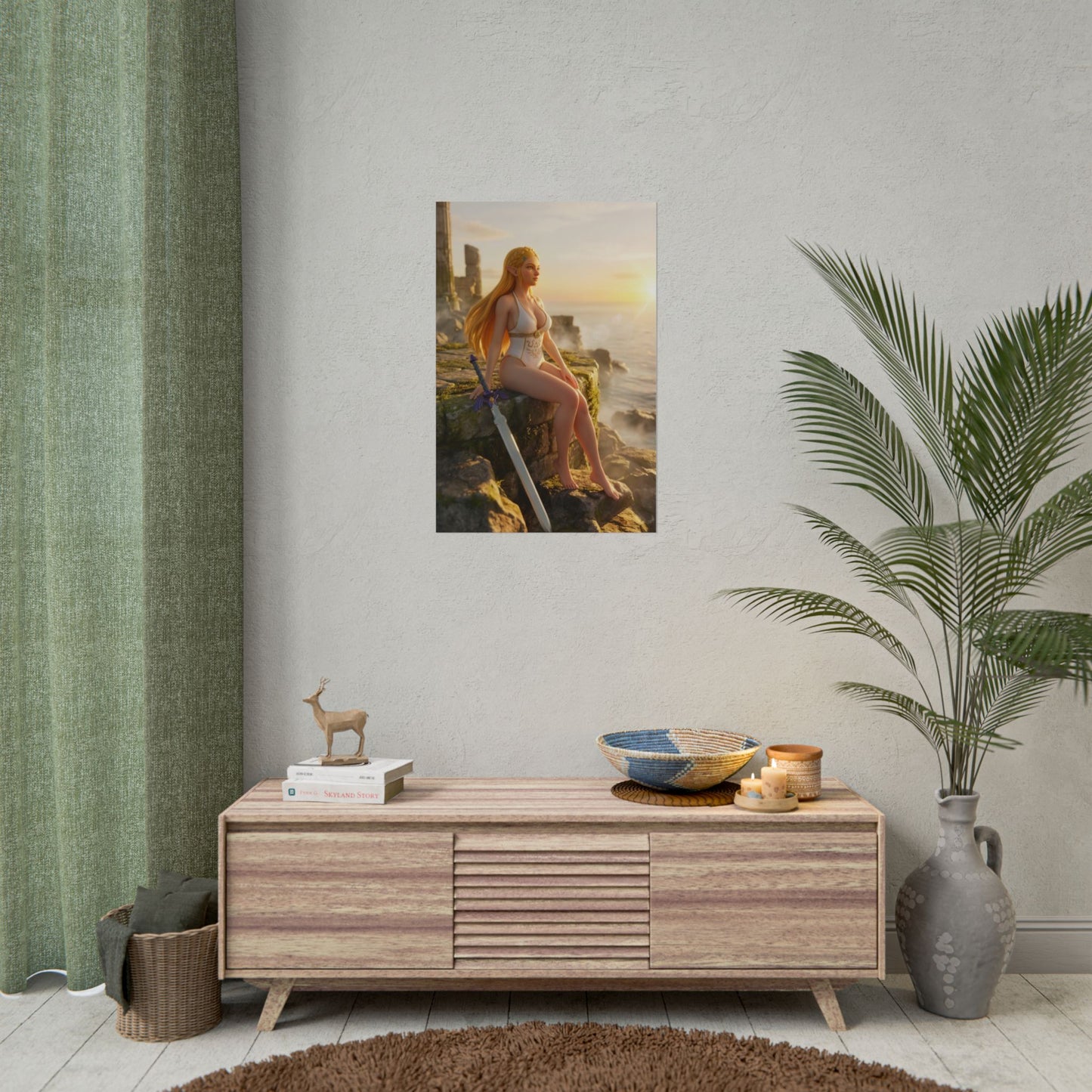 Princess Poster – Royal Fantasy Art Print, Adventure Game Wall Art of a heroic princess on coastal ruins at sunset, cinematic fantasy gaming room decor