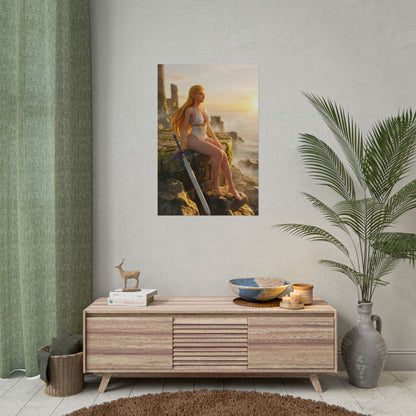 Princess Poster – Royal Fantasy Art Print, Adventure Game Wall Art featuring heroic princess on coastal ruins at sunset with sword