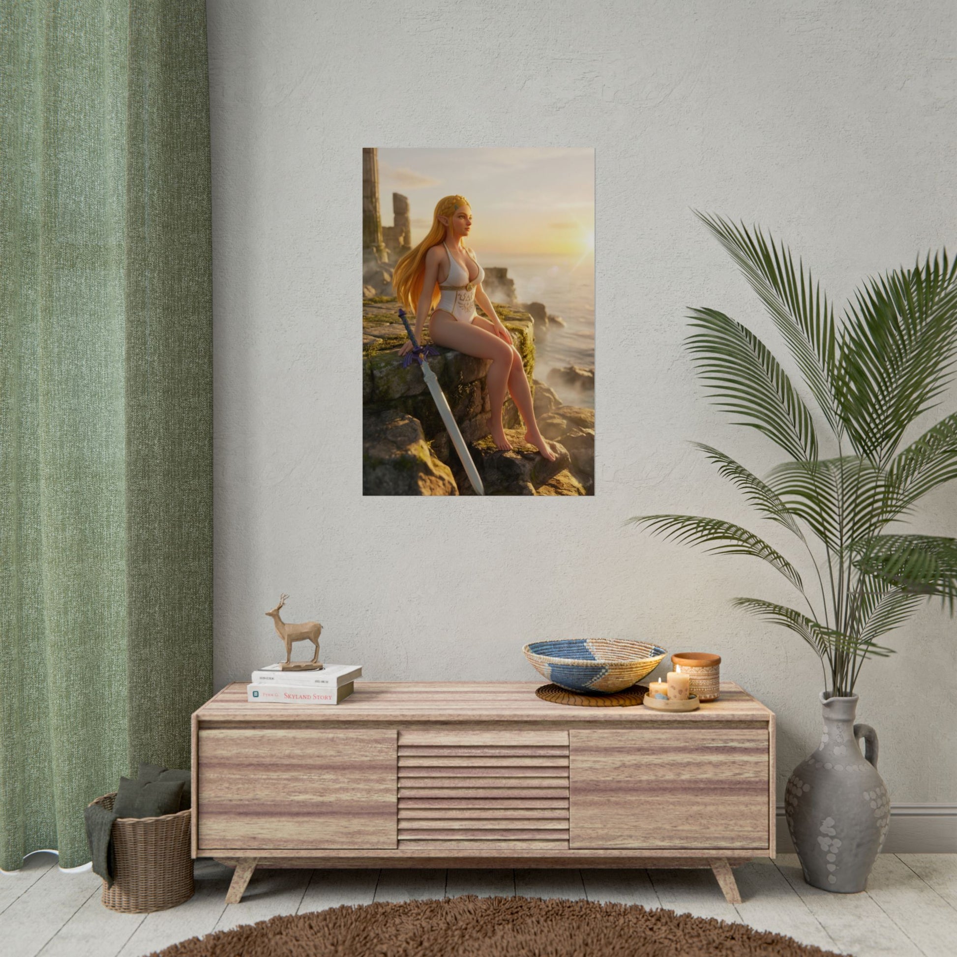 Princess Poster – Royal Fantasy Art Print, Adventure Game Wall Art showing heroic princess on coastal ruins at sunset with cinematic golden light