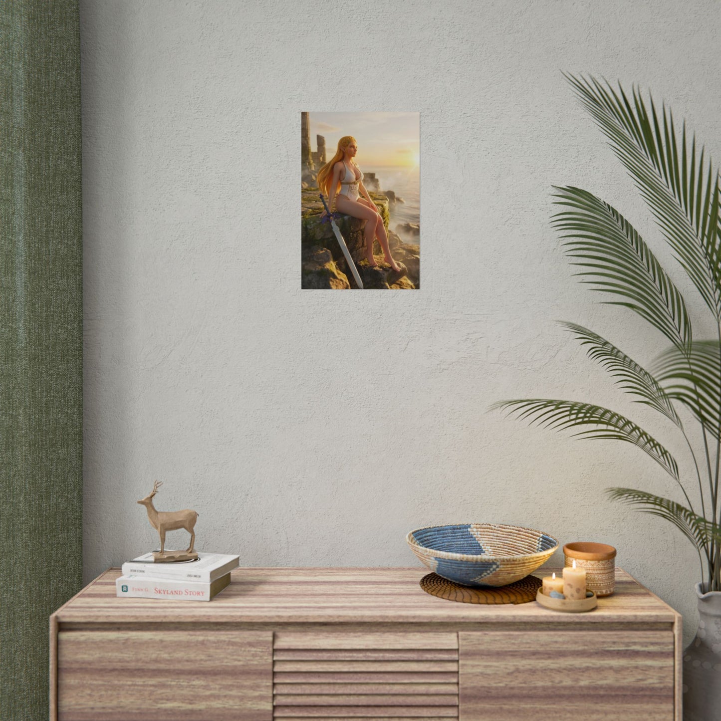 Princess Poster – Royal Fantasy Art Print, Adventure Game Wall Art showing heroic princess on coastal ruins at sunset over ocean