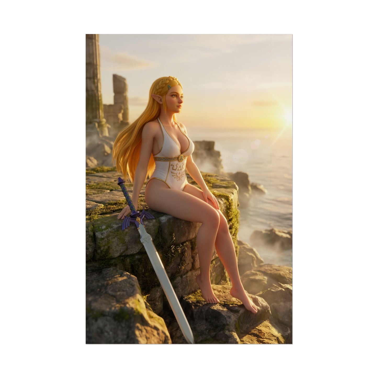 Princess Poster – Royal Fantasy Art Print, Adventure Game Wall Art featuring heroic princess resting on coastal ruins at sunset with sword