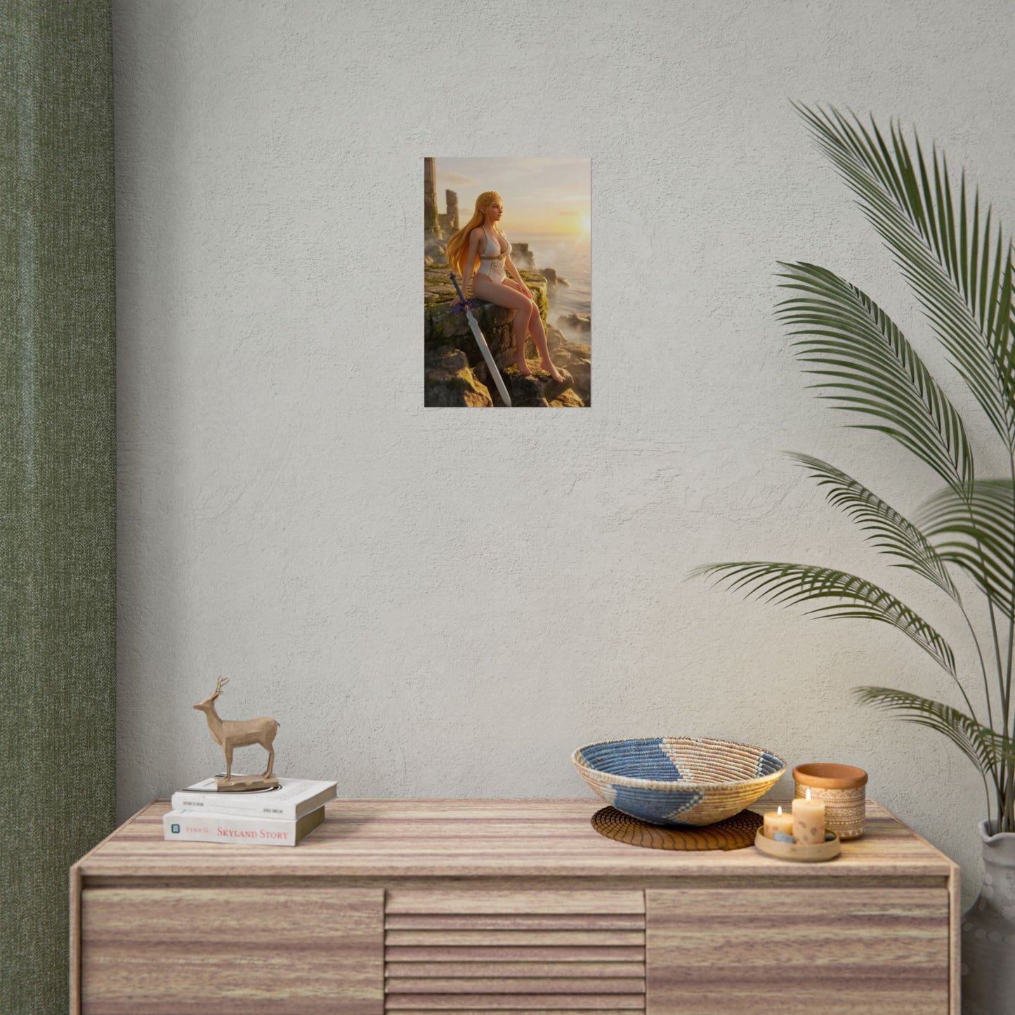 Princess Poster – Royal Fantasy Art Print, Adventure Game Wall Art showing heroic princess on coastal ruins at sunset, cinematic fantasy game wall decor