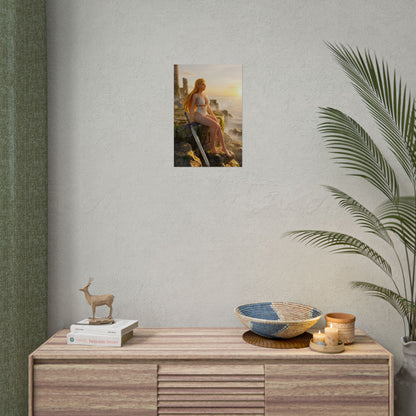 Princess Poster – Royal Fantasy Art Print, Adventure Game Wall Art showing heroic princess on coastal ruins at sunset, cinematic fantasy game wall decor
