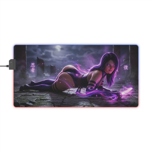 Marvel Mouse Pad, Psylocke LED RGB Desk Mat, Gift for Gamer, Superhero Room Decor showing Psylocke artwork with glowing violet psionic blade and RGB edge