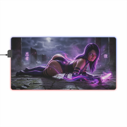 Marvel Mouse Pad, Psylocke LED RGB Desk Mat, Gift for Gamer, Superhero Room Decor - Psylocke reclining with glowing violet psionic blade on RGB gaming desk mat