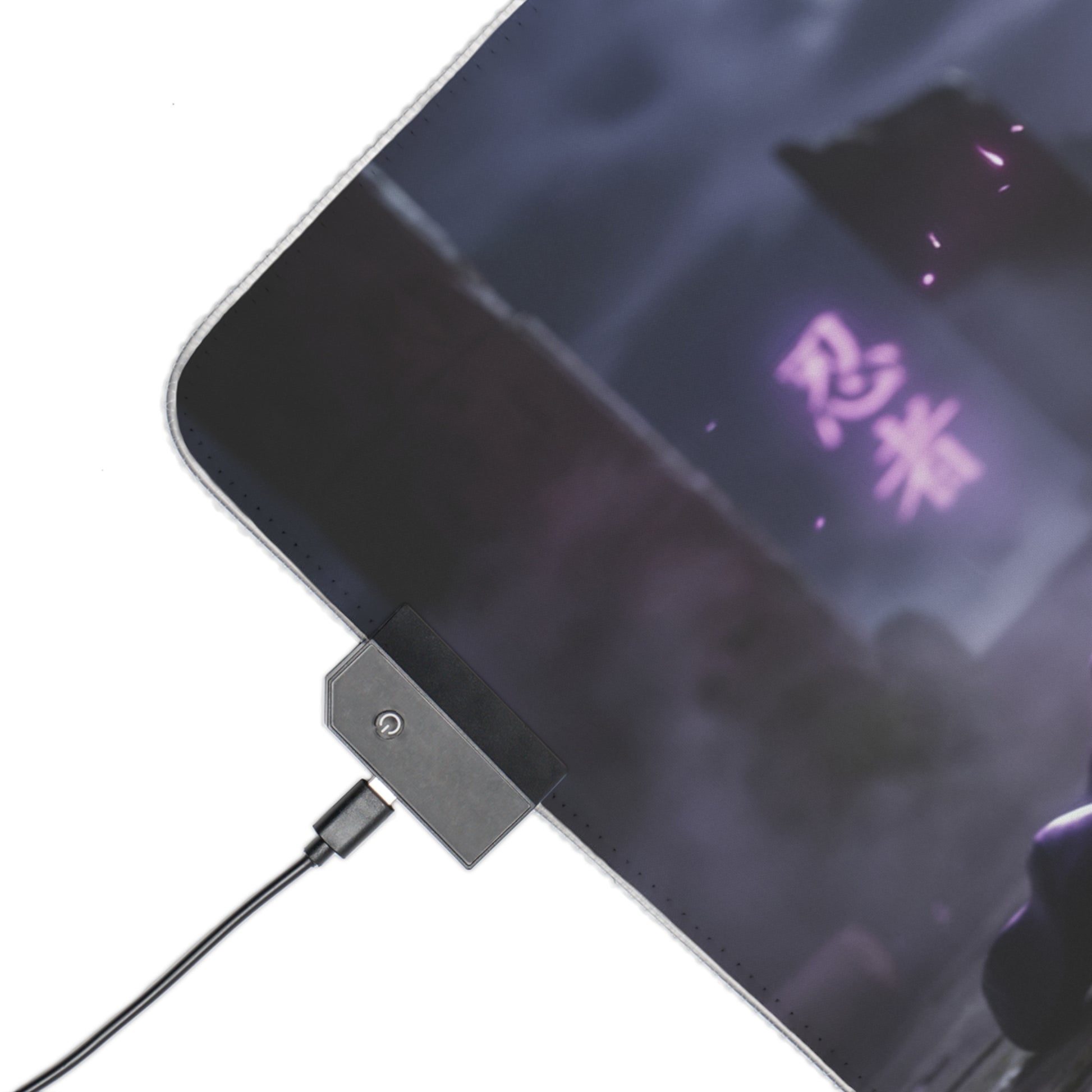Marvel Mouse Pad, Psylocke LED RGB Desk Mat, Gift for Gamer, Superhero Room Decor — close-up of LED controller and purple psychic artwork on gaming desk mat