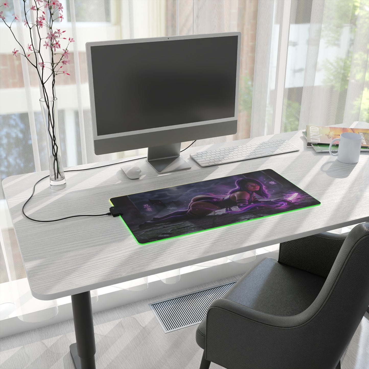 Marvel Mouse Pad, Psylocke LED RGB Desk Mat, Gift for Gamer, Superhero Room Decor on modern desk with green RGB glow and Psylocke artwork