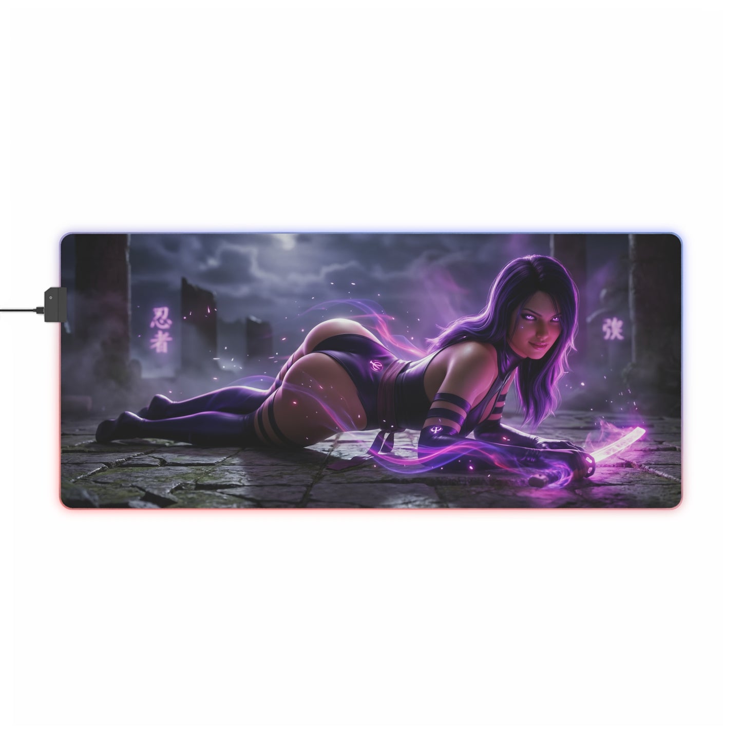 Marvel Mouse Pad, Psylocke LED RGB Desk Mat, Gift for Gamer, Superhero Room Decor — Psylocke artwork with violet psionic blade on LED RGB desk mat