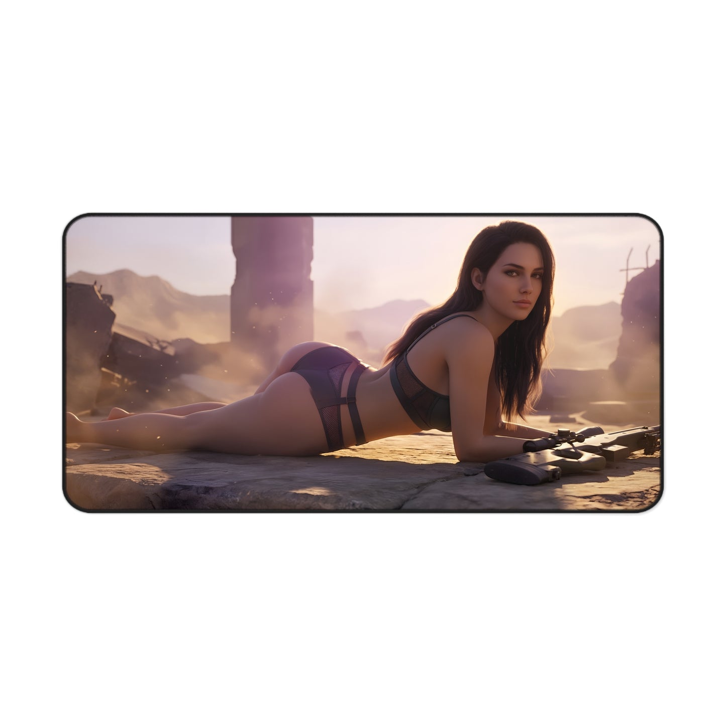 Quiet Mouse Pad – Tactical Game Gaming Mouse Pad, Stylish Gamer Desk Decor showing tactical artwork of a reclining female character on a desert gaming scene