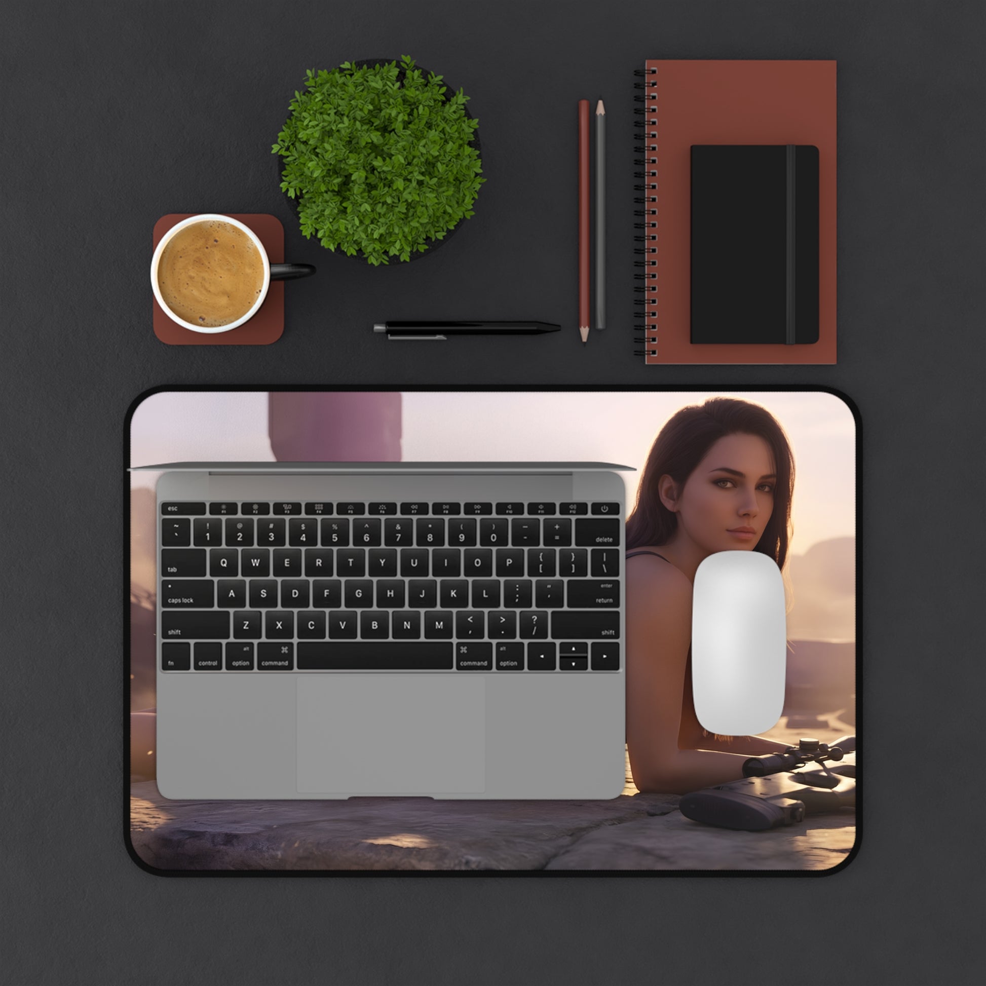 Quiet Mouse Pad – Tactical Game Gaming Mouse Pad, Stylish Gamer Desk Decor on minimalist gaming desk with laptop, mouse and cup