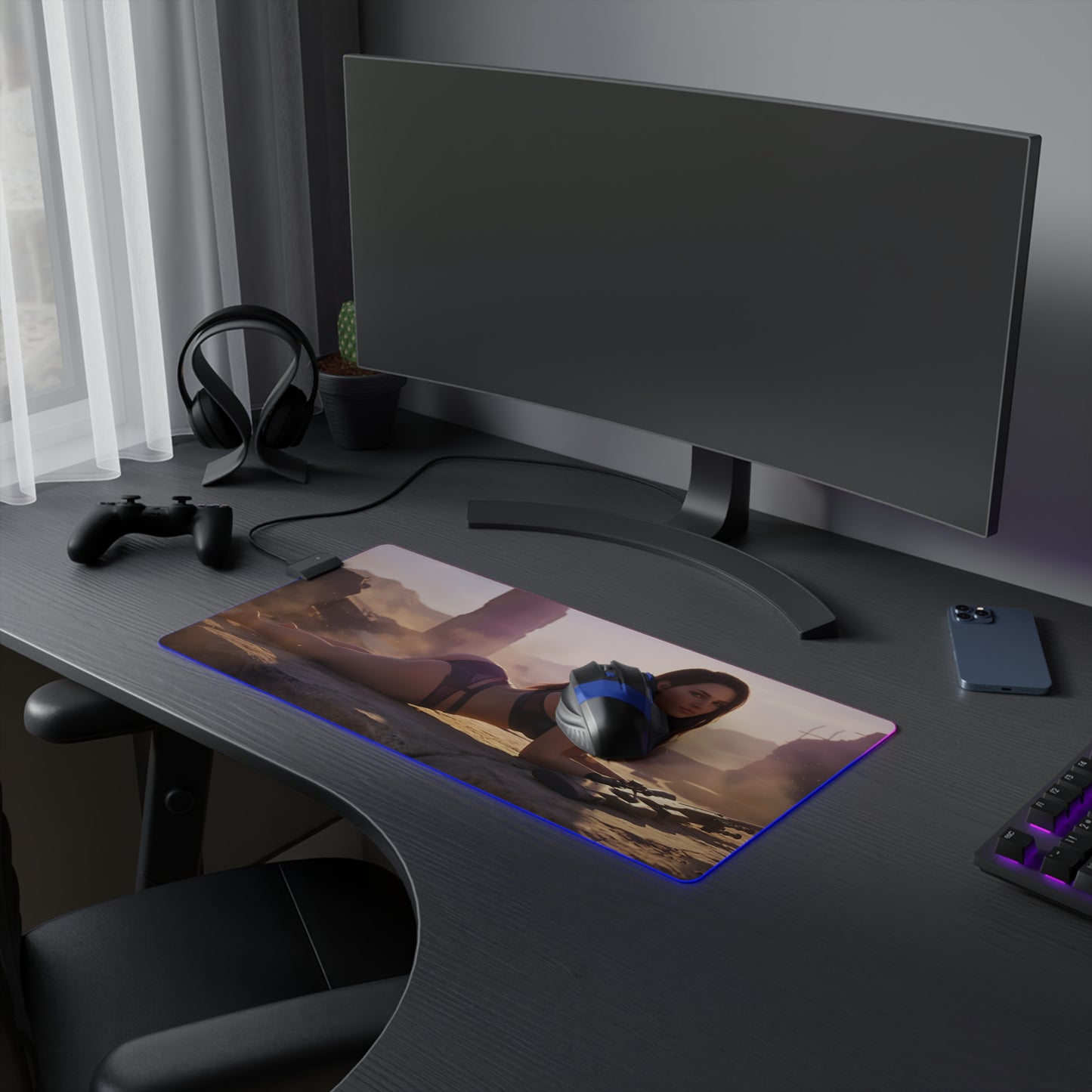 Quiet RGB Mouse Pad – Metal Gear Solid Illuminated Desk Mat, Tactical Gamer Setup showing tactical heroine art on extended illuminated desk mat