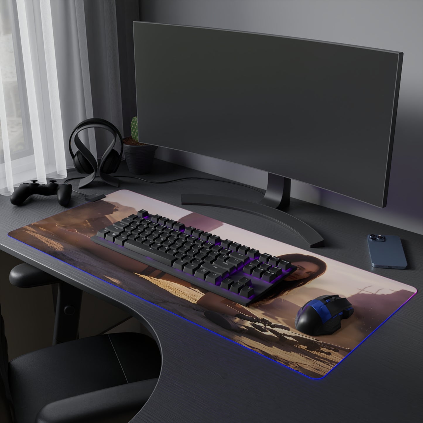 Quiet RGB Mouse Pad – Metal Gear Solid Illuminated Desk Mat, Tactical Gamer Setup on desk with keyboard mouse and blue edge lighting