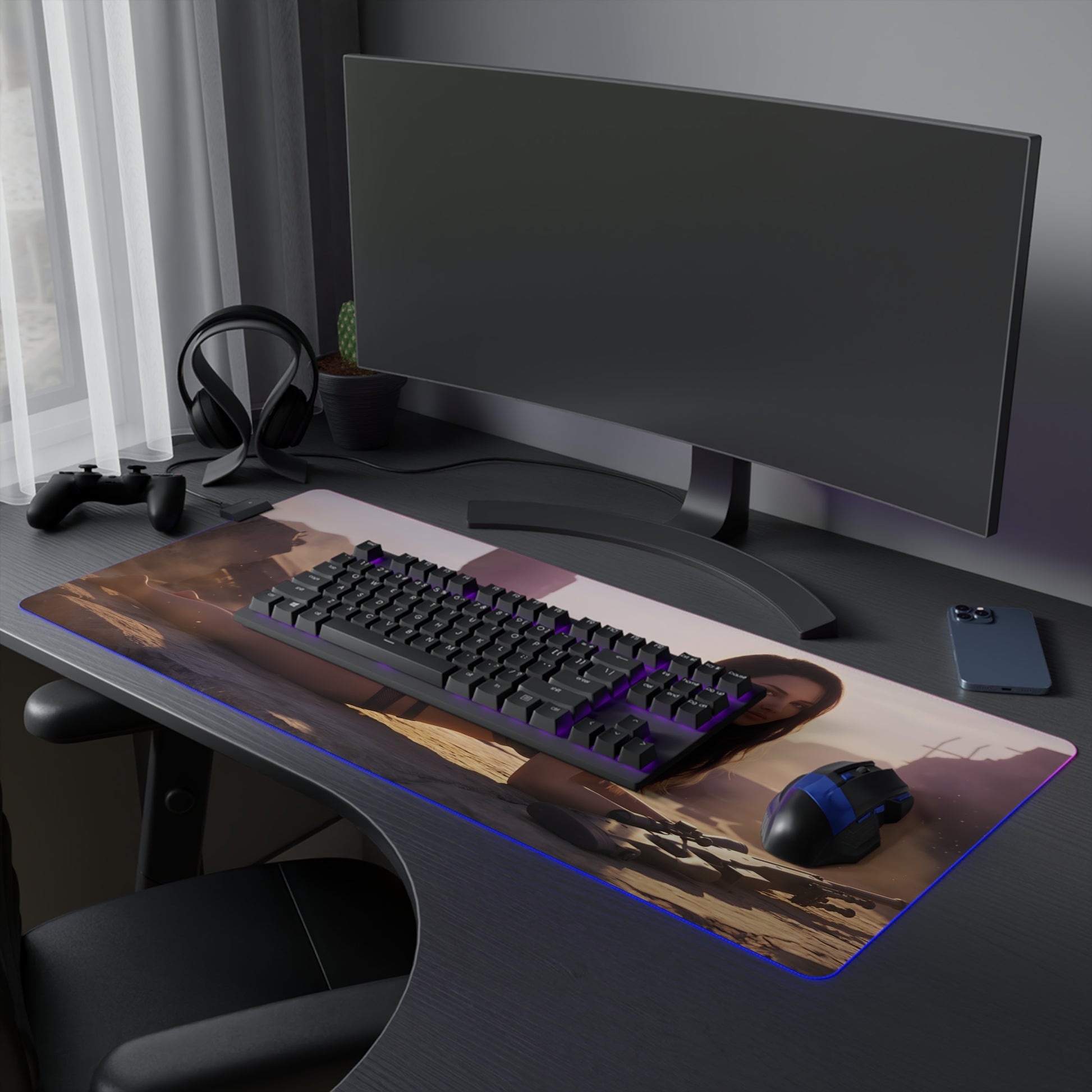 Quiet RGB Mouse Pad – Metal Gear Solid Illuminated Desk Mat, Tactical Gamer Setup on desk with keyboard mouse and blue edge lighting