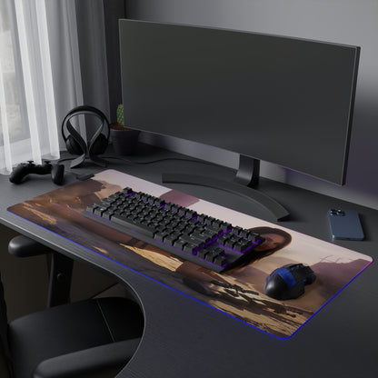 Quiet RGB Mouse Pad – Metal Gear Solid Illuminated Desk Mat, Tactical Gamer Setup on desk with keyboard mouse and blue edge lighting