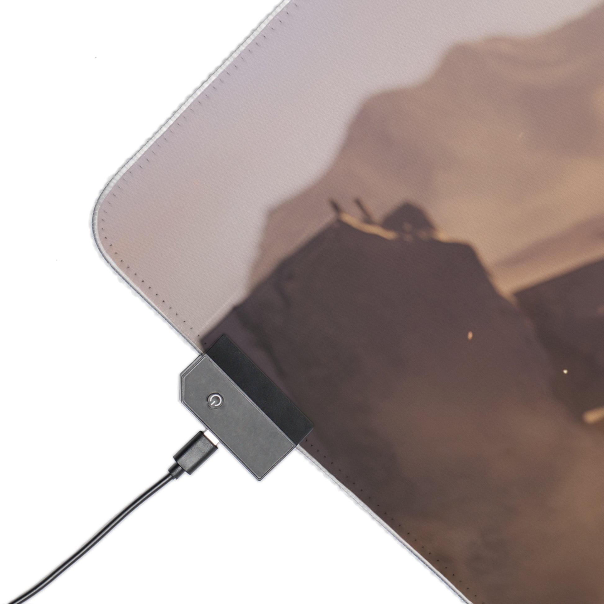 Quiet RGB Mouse Pad – Metal Gear Solid Illuminated Desk Mat, Tactical Gamer Setup showing USB-lit corner connector and edge lighting on extended desk mat