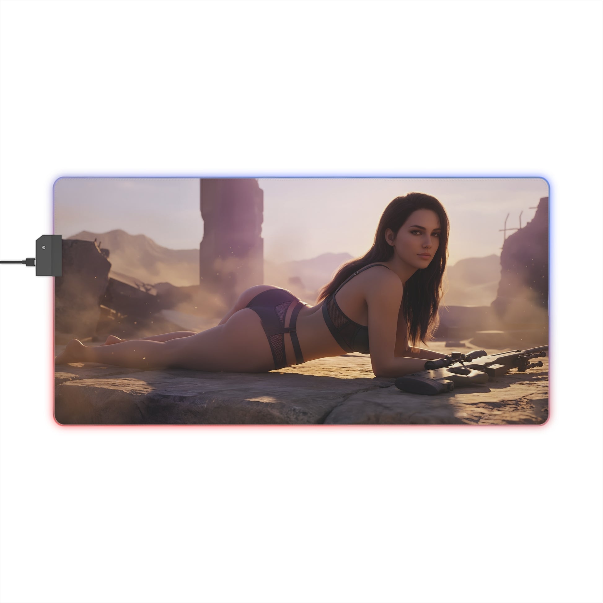 Quiet RGB Mouse Pad – Metal Gear Solid Illuminated Desk Mat, Tactical Gamer Setup featuring tactical heroine artwork on illuminated extended desk mat