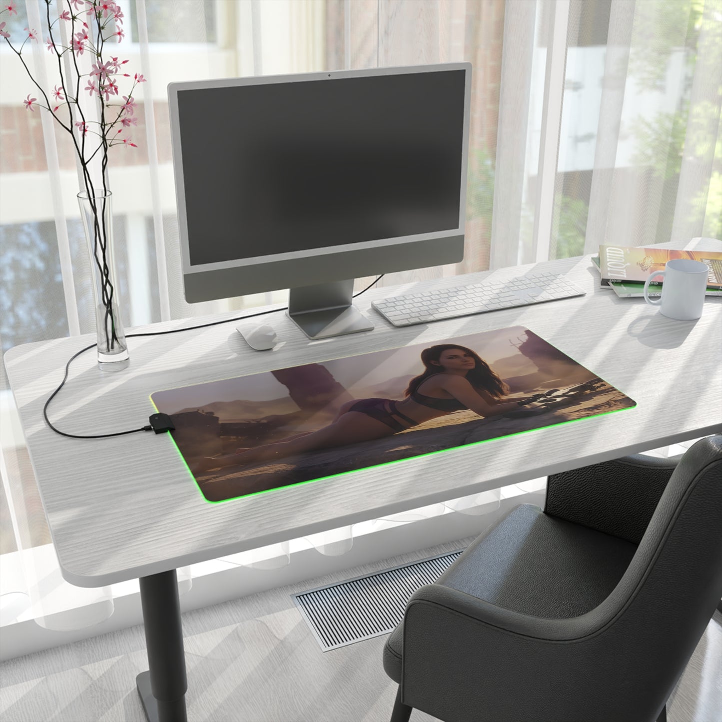 Quiet RGB Mouse Pad – Metal Gear Solid Illuminated Desk Mat, Tactical Gamer Setup on bright desk with heroine artwork, green edge lighting