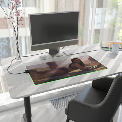 Quiet RGB Mouse Pad – Metal Gear Solid Illuminated Desk Mat, Tactical Gamer Setup on bright desk with heroine artwork, green edge lighting