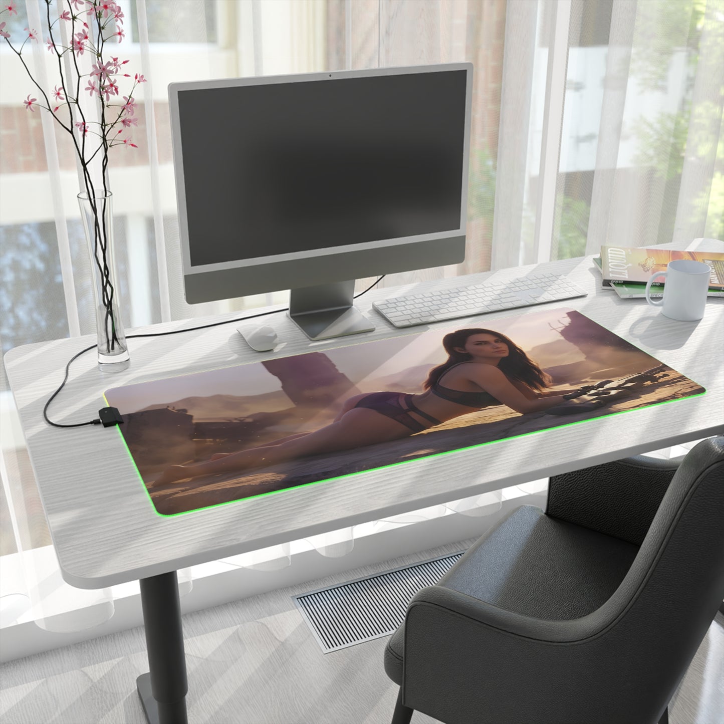 Quiet RGB Mouse Pad – Metal Gear Solid Illuminated Desk Mat, Tactical Gamer Setup on modern desk with heroine artwork and green edge lighting
