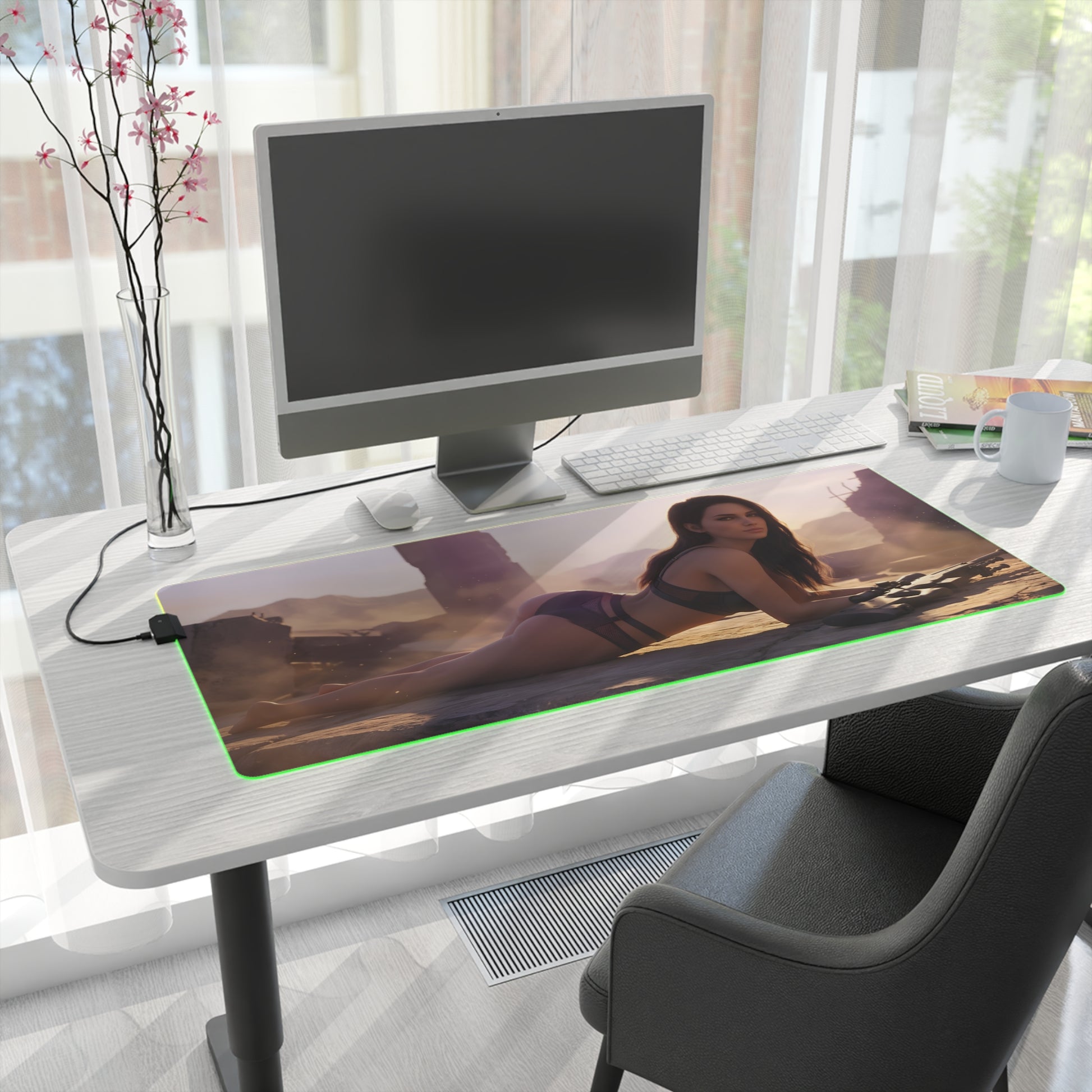 Quiet RGB Mouse Pad – Metal Gear Solid Illuminated Desk Mat, Tactical Gamer Setup on modern desk with heroine artwork and green edge lighting