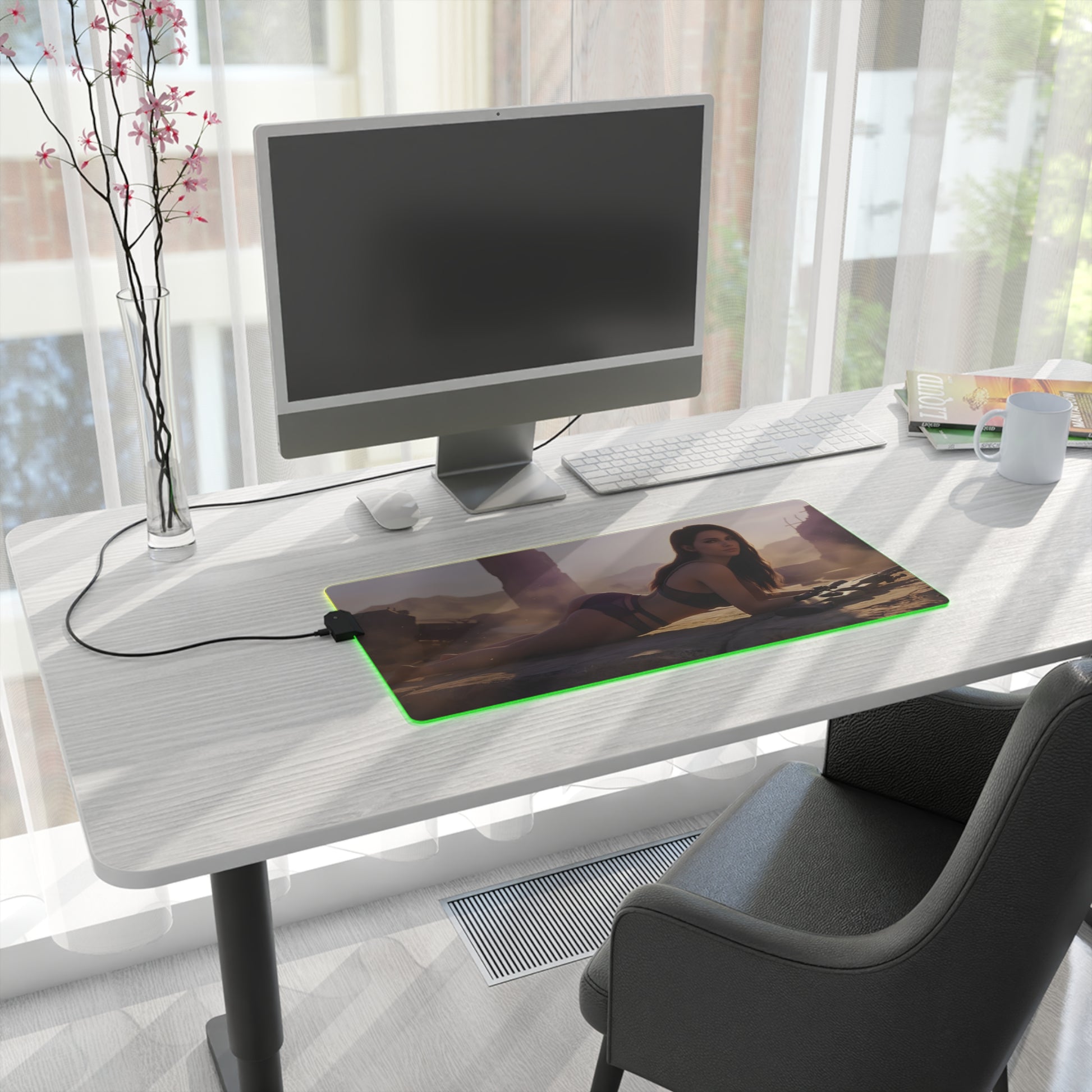 Quiet RGB Mouse Pad – Metal Gear Solid Illuminated Desk Mat, Tactical Gamer Setup on modern desk with green edge lighting and full keyboard coverage